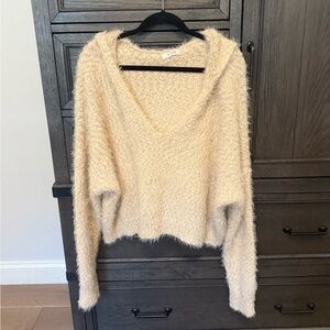 Honey Belle Cream Fuzzy V-Neck Hooded Sweater